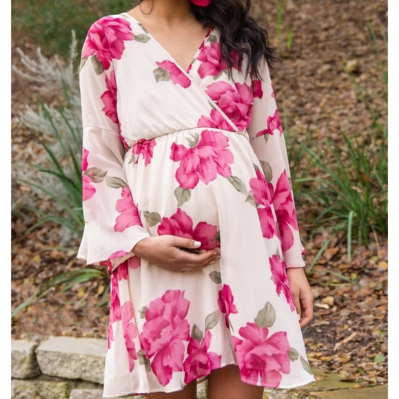 Pinkblush Ivory Floral Chiffon Wrap Maternity Dress - Picture 1 of 7